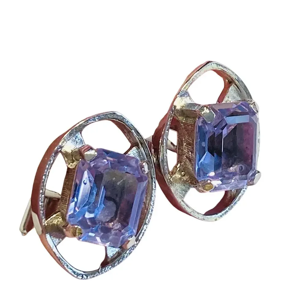 Vintage Y2K Cufflinks Silvertone Settings & Chunky Lavender Purple Rhinestones